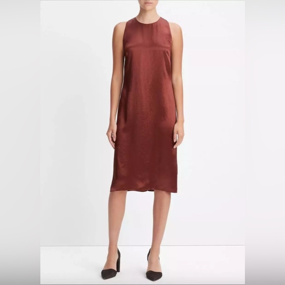 Vince Sleeveless Satin Cinnamon Red Knee Length Crewneck Shift Dress NEW FLAWED - Picture 1 of 11